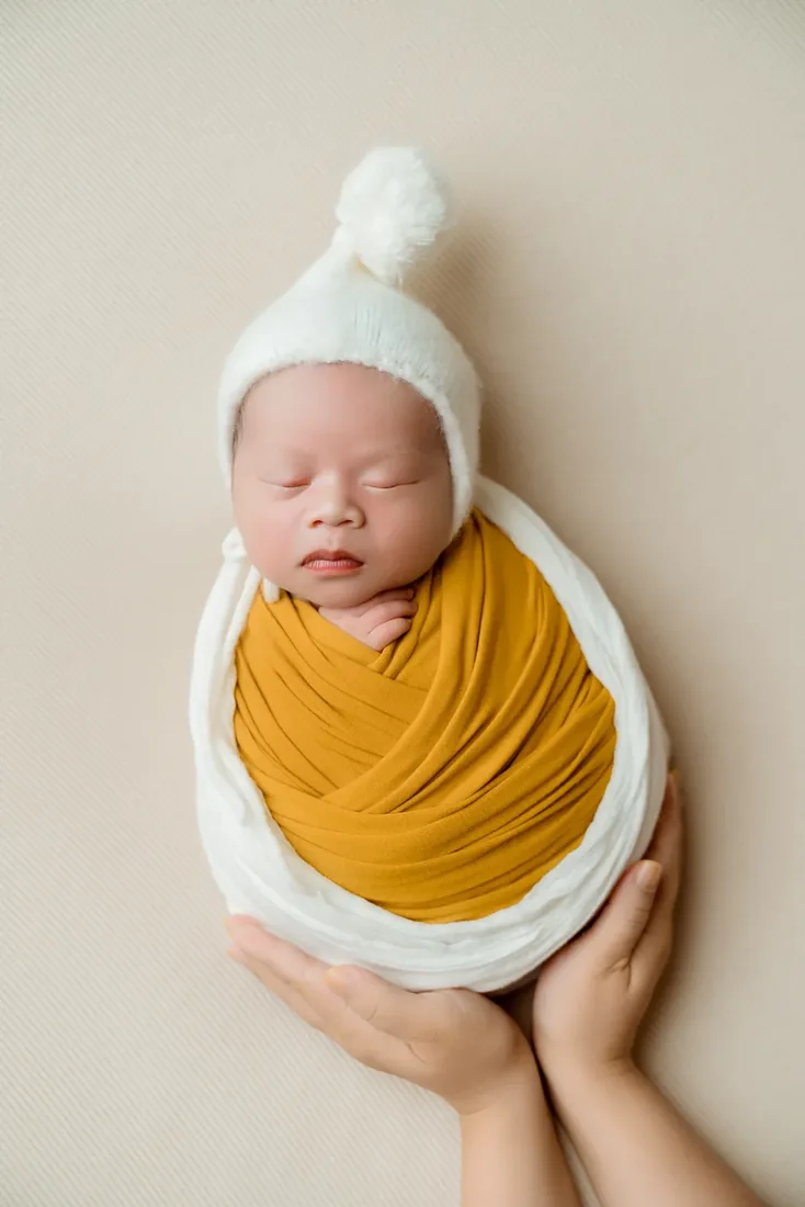 Bé sơ sinh quấn khăn vàng, đội mũ trắng trong concept Trứng
